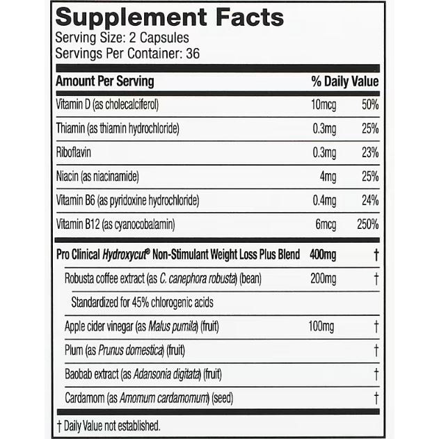 Pro Clinical  Hydroxycut Non-Stimulant-36Serv.-72Rapid-Release Capsules