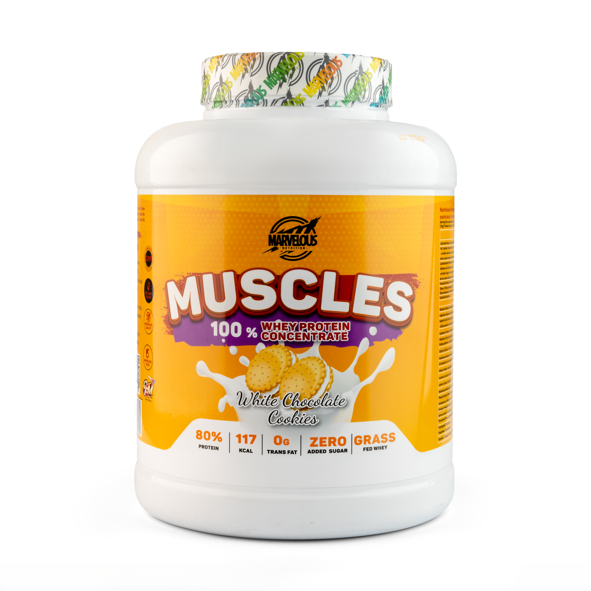 [0634240173035] Marvelous Nutrition Muscles 100%Whey Protein Concentrate-67Serv.-2KG.-White Chocolate Cookies