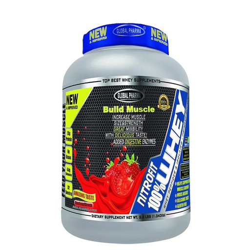 [6224009128091] Global pharma build muscle Nitrofit 100% whey 1.40KG- 32 Serv. - Strawberry