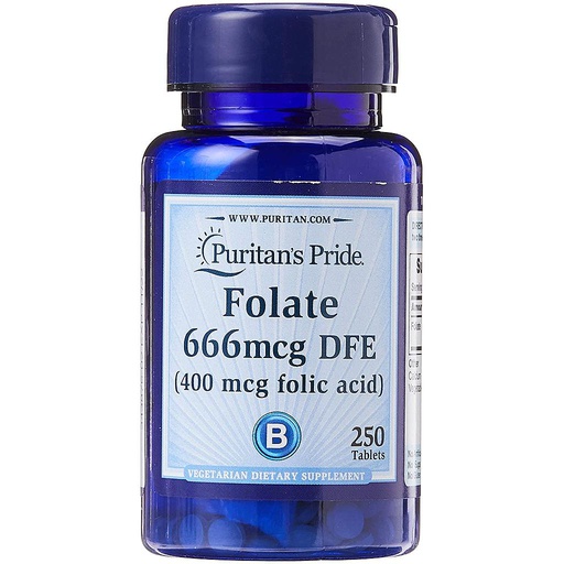 [074312114038] Puritan's Pride Folate 666mcg DFE-250Serv.-250Tabs.