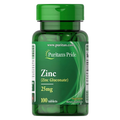 [074312120008] Puritan's Pride Zinc Gluconate 25Mg-100Serv.-100Tablets